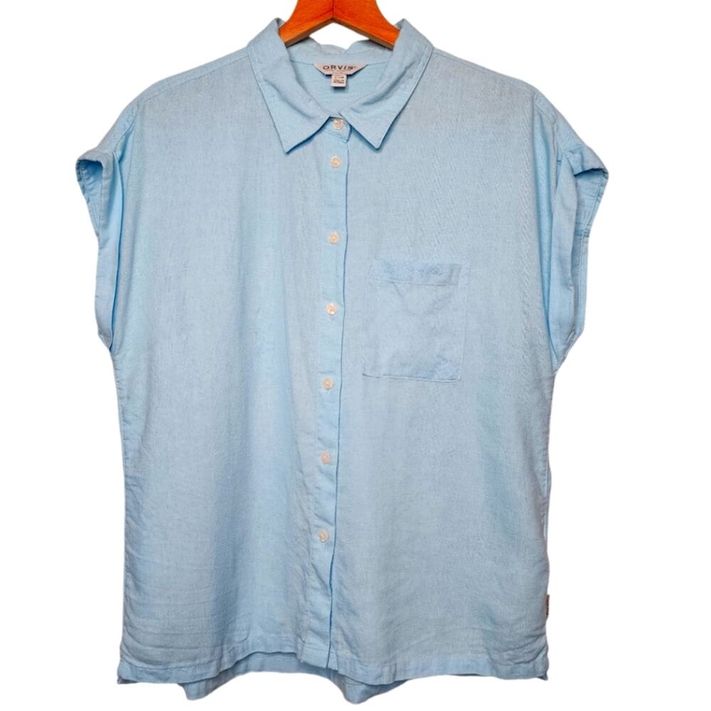 Orvis Blue Linen Short Sleeve Button Shirt Women's Size Small